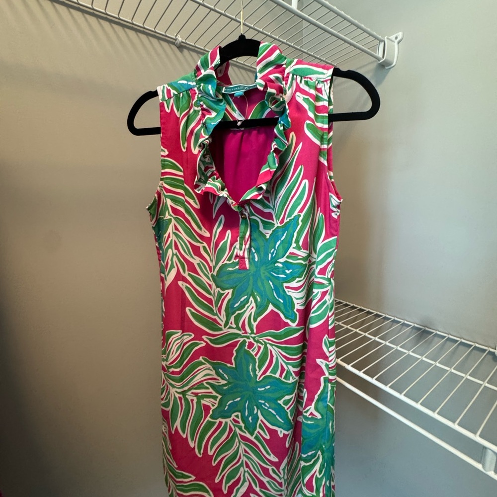 Vibrant Pink and Green Leaf Print Mini Dress